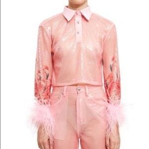 NWT Adam Selman Sequin Cropped Flamingo Polo